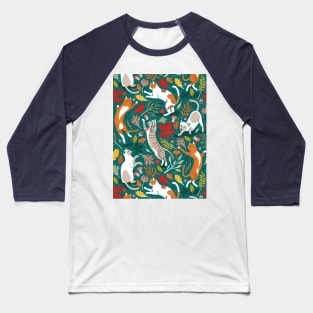 Autumn joy // pattern // pine green background cats dancing with many leaves in fall colors Baseball T-Shirt
